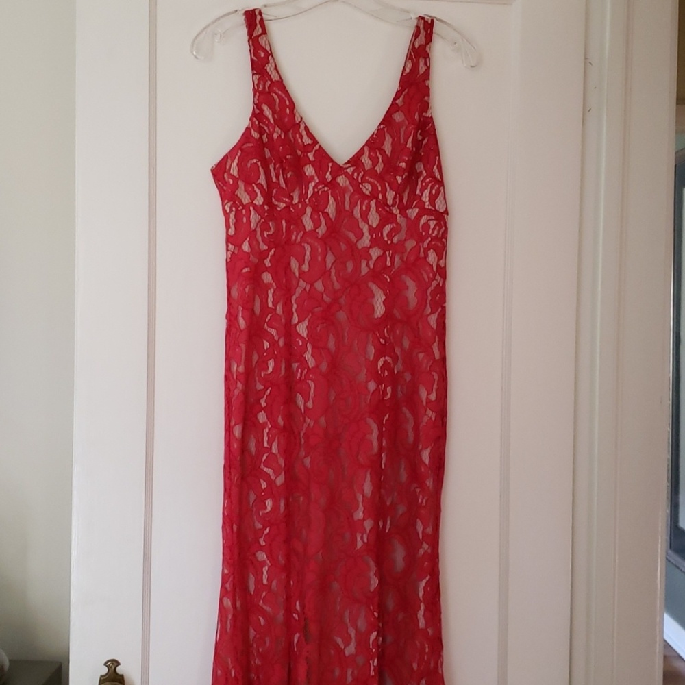 Long red lace evening gown